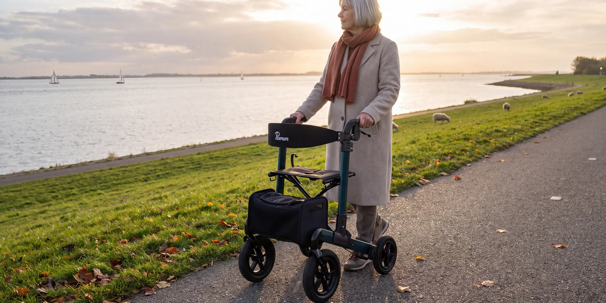 Parvum Luxo Air in petrolgroen op een dijk langs het water in de lage zon; een vrouw kijkt uit over het water.