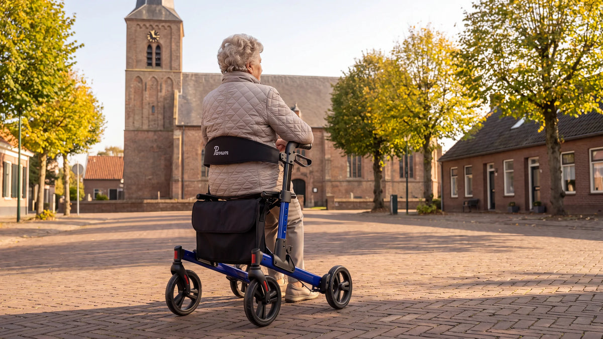 Parvum Riva in blauw op een dorpsplein bij de kerk; een vrouw zit op de rollator, met haar rug naar ons.