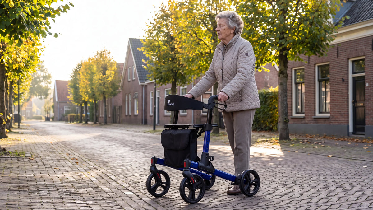Parvum Riva in blauw in een dorpsstraat in de ochtendzon; een vrouw met grijze krullen staat even stil.