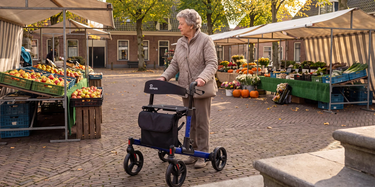 Parvum Riva in blauw op een weekmarkt; een vrouw met grijze krullen staat stil bij een kraam met appels.