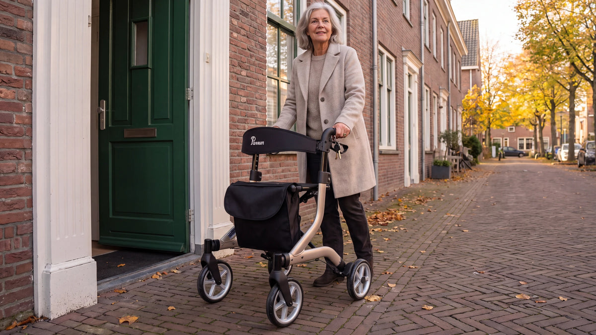 Parvum SuperLight in champagne bij een groene voordeur; een vrouw met grijs haar duwt de rollator over de klinkerstoep.