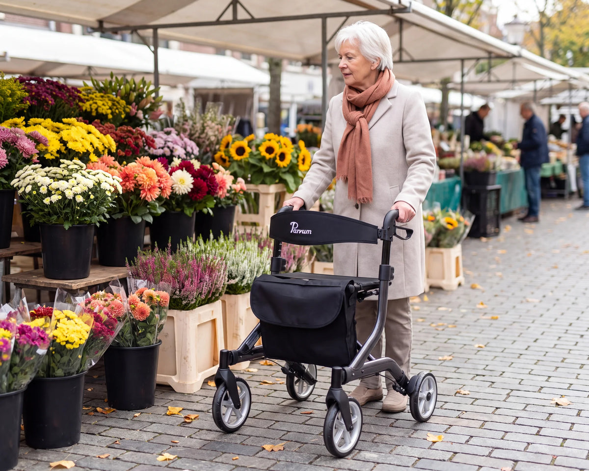 Parvum SuperLight in antraciet bij een bloemenkraam op de markt; een vrouw kijkt naar de emmers bloemen.