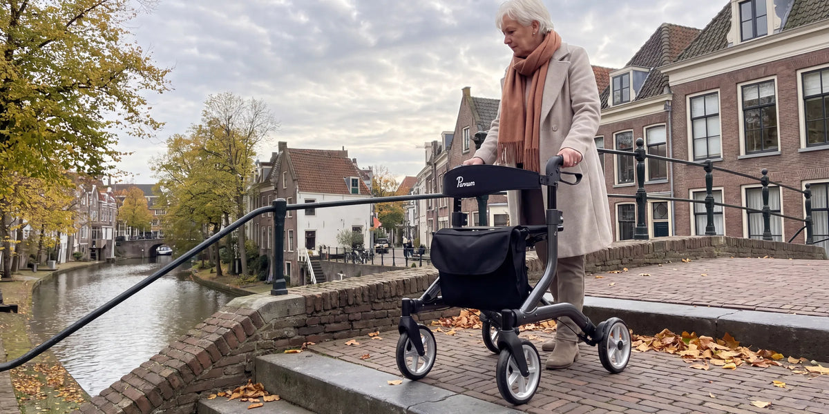 Parvum SuperLight in antraciet op een stenen brug over een gracht; een vrouw met wit haar staat even stil.