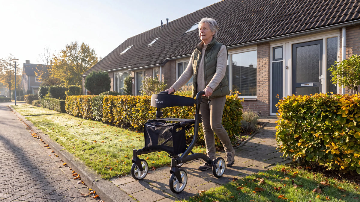Parvum SuperLight Plus in antraciet; een vrouw in wandelschoenen stapt met de rollator haar rijtjeshuis uit.