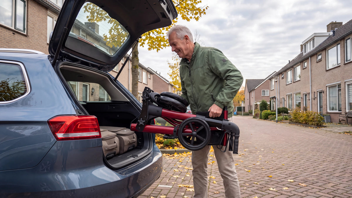 Folded Parvum Brava in ruby red; a man lifts it into the trunk next to the suitcases.