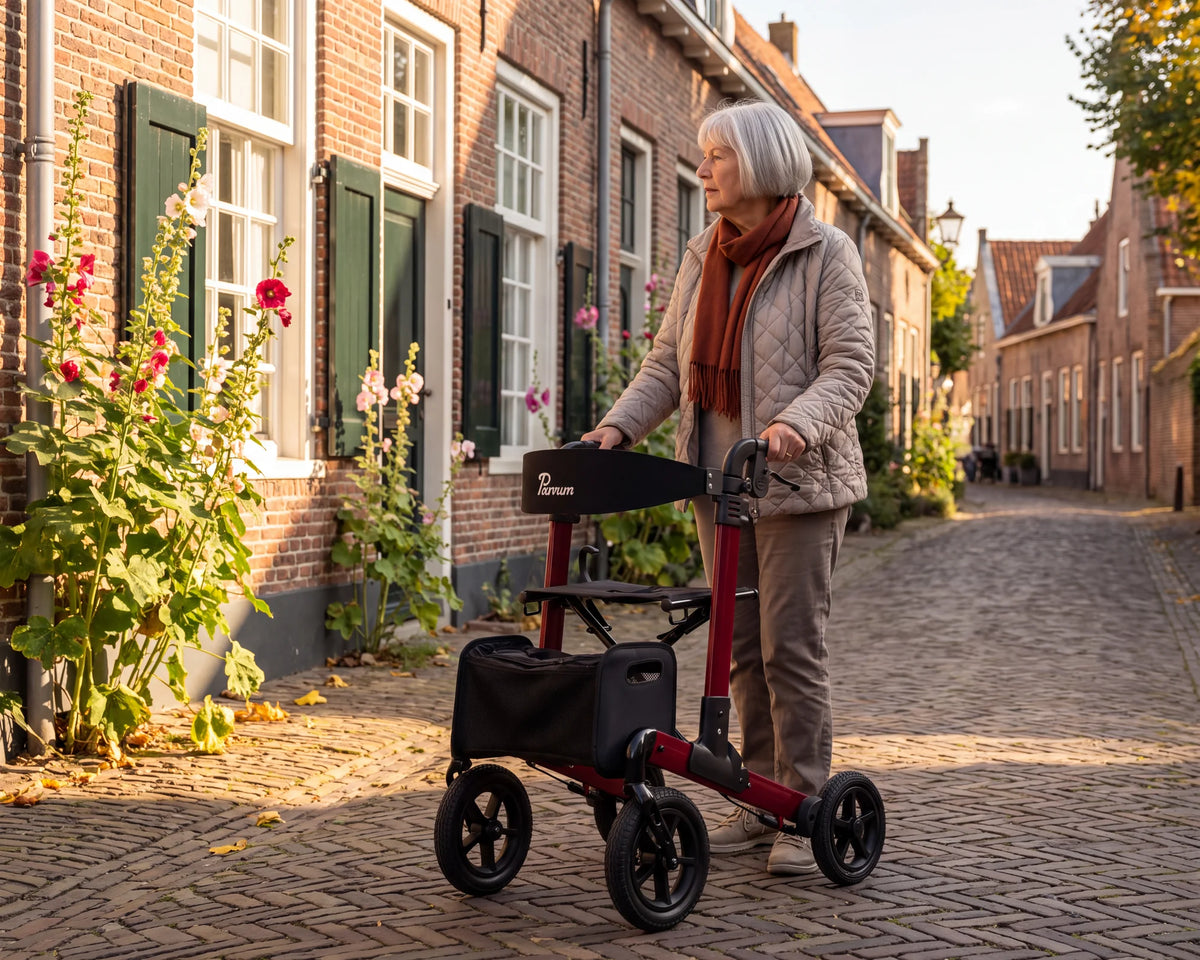 Parvum Luxo Air in robijnrood in een straatje met oude huizen en stokrozen; een vrouw staat stil met de rollator.