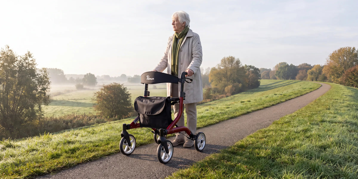 Parvum SuperLight in rood op een dijk in de ochtendnevel; een vrouw staat even stil en kijkt uit over de weilanden.