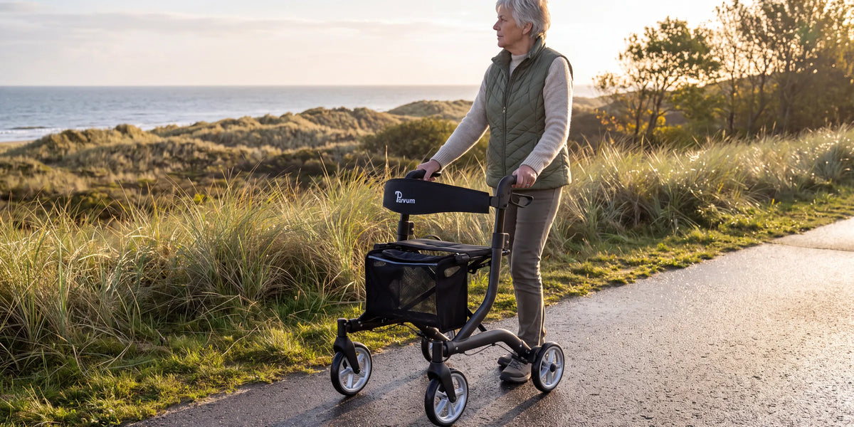 Parvum SuperLight Plus in antraciet langs de duinrand in de lage zon; een vrouw kijkt uit over de duinen.